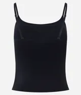 Camisete negro de microfibra con copa estructurada, escote recto y breteles finos regulables.