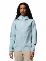 Campera cortaviento e impermeable Columbia Trailborne 2.5L en color celeste, con capucha integrada, cierre frontal bidireccional, bolsillos con cierre y tecnología Omni-Tech.