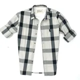 Camisa a cuadros grandes en tonos gris claro, blanco y negro, de manga larga con puños abotonados.