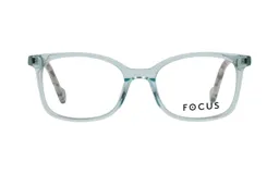 Armazón de anteojos Focus Premium con marco de acetato translúcido en tono azulado y patillas con diseño carey.