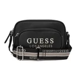 Cartera tipo bandolera Guess modelo Joella, de color negro con acabado texturizado. Presenta el logo de la marca estampado en el frente y una correa ajustable y desmontable con diseño de rayas y letras. Cuenta con cierre superior y compartimento frontal con cierre.