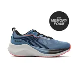 Championes deportivos Hi-Tec modelo Eden, color azul con detalles en gris, negro y naranja. Presentan un diseño de malla transpirable, suela con amortiguación y tecnología memory foam.