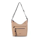 Cartera bandolera gris de formato amplio, con correa larga regulable y desmontable con inscripciones. Cuenta con cierre superior, bolsillo frontal con cierre y detalle colgante de cordones, y un bolsillo trasero con cierre.