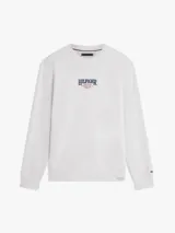 Buzo gris melange de cuello redondo, con el logo y letras de la marca bordados en el centro del pecho. Cuenta con puños, cuello y dobladillo de canalé.
