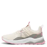 Championes Puma Anzarun 2.0 de diseño deportivo, confeccionados en malla textil color rosado con detalles en gris y blanco. Presentan suela de goma con amortiguación y logo de la marca en el lateral.