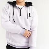 Canguro oversize lila de algodón con felpa, capucha negra, cierre parcial con cremallera, bolsillo rectangular y logo Duxon bordado.