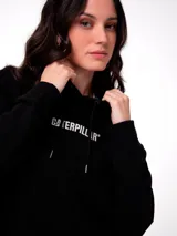 Buzo con capucha y bolsillo tipo canguro, color negro, con logo de la marca bordado en el pecho en color blanco. Presenta puños y ruedo acanalados.