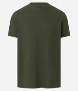 Remera de media malla verde militar con cuello redondo y mangas cortas, de corte clásico.