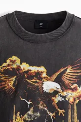 Remera de algodón de punto pesado, color negro con efecto lavado, cuello redondo acanalado y mangas cortas con hombros caídos. Presenta un estampado frontal con un águila, cactus y la inscripción 'Rodeo Sunset'.