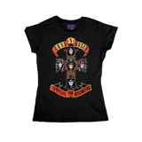 Remera negra de corte entallado con estampa frontal de la banda Guns N' Roses, diseño inspirado en el álbum Appetite for Destruction.