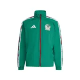 Campera deportiva Adidas de la selección de México, modelo Anthem. Diseño en color verde con cierre frontal en rojo, cuello alto y detalles de franjas laterales en blanco y rojo. Incluye logo de la marca y escudo de la selección en el pecho.