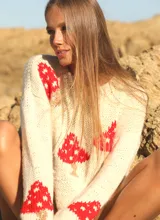 Sweater de punto grueso color crema con diseño de hongos rojos tejidos. Presenta cuello redondo, mangas largas y un calce holgado.