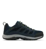 Championes de senderismo Columbia modelo Crestwood Low, color azul marino con detalles en negro y amarillo. Confeccionados en una combinación de gamuza y tejido, cuentan con mediasuela ligera para mayor amortiguación y suela de caucho con tracción para un agarre superior.