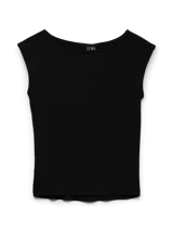 Top de manga corta con cuello bote y calce ajustado, confeccionado en jersey suave con viscosa y elastano.