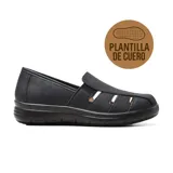Zapato casual negro con plantilla de cuero, con laterales calados y suela de goma.