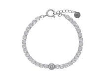 Pulsera plateada de acero con circonias engarzadas y cierre de mosquetón con cadena de alargue.