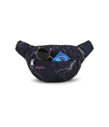 Riñonera negra de la marca JanSport, modelo Fifth Avenue, con parche frontal de la marca y cierres metálicos.