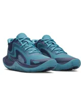 Championes de básquetbol Under Armour modelo Jet 25, con diseño de corte medio en tonos azul y turquesa. Presentan una parte superior de materiales mixtos que combina malla y paneles sintéticos para mayor durabilidad y transpirabilidad, cuello acolchado para sujeción, entresuela Micro G® para amortiguación reactiva y suela de goma con patrón de tracción multidireccional.