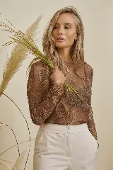 Blusa de encaje marrón translúcido, con escote redondo y mangas largas.