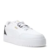 Championes urbanos Puma modelo Shuffle Downtown, de diseño inspirado en el básquet retro. Presentan una capellada de cuero sintético en color blanco con detalles en negro en el talón y logo Puma en dorado. Cuentan con suela de goma vulcanizada y plantilla SoftFoam+ para mayor comodidad.