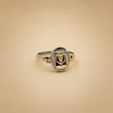 Anillo tipo sello con base de plata 925 y placa central rectangular de oro 18k con el símbolo del caduceo grabado. Presenta detalles dorados en los laterales de la banda.