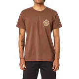 Remera de manga corta color marrón con cuello redondo y estampado circular pequeño en el pecho con la inscripción Katin Customs.