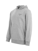 Buzo con capucha de algodón gris, con bolsillo frontal tipo canguro y logo de la marca estampado en el pecho.