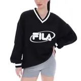 Buzo oversize Fila negro con cuello en V y ribetes blancos en cuello y puños. Logo de Fila estampado en blanco en el pecho.