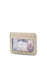 Tarjetero de símil cuero color beige con visor frontal transparente y ranuras para tarjetas.