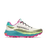 Championes de trail running Merrell Agility Peak 6, color blanco con detalles en verde lima, fucsia y turquesa. Incorporan suela Vibram y tecnología FlexConnect.