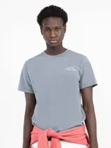 Camiseta celeste de manga corta con cuello redondo y estampado en la espalda con el logo de la marca y la frase "Naturally Vintage".