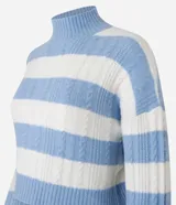 Suéter de tricot con diseño a rayas horizontales en color celeste y blanco, cuello alto acanalado y textura trenzada. Presenta mangas largas con puños en rib y un corte corto.