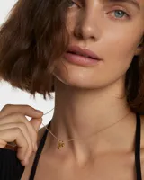 Collar dorado con cadena de eslabones y dos dijes colgantes en forma de gota. Uno de los dijes es más pequeño que el otro.