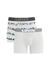 Pack de dos boxers de hombre marca Levis, uno liso color gris claro con elástico gris con el logo en blanco, y otro estampado con motivos florales en tonos azules y blancos, con elástico negro con el logo en blanco.