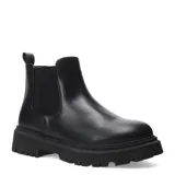 Botas Chelsea de mujer color negro, caña corta, confeccionadas en material sintético. Presentan elástico lateral y suela track gruesa y dentada.