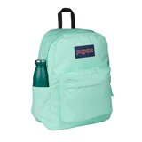 Mochila Jansport modelo Superbreak, color verde menta claro, con un compartimento principal y un bolsillo frontal con cierre. Presenta el logo rectangular de Jansport en el frente y asa superior negra.