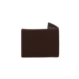 Billetera de cuero para hombre, color negro con interior marrón y detalle frontal en cuero color tostado con el logo de la marca.