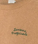 Remera de manga corta color marrón claro, confeccionada en algodón, poliéster, viscosa, elastano y poliamida. Presenta cuello redondo, corte regular y estampa frontal con palmeras y texto "Savane Tropicale".