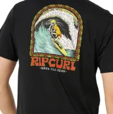 Remera de manga corta color negro, con cuello redondo y logo de la marca Rip Curl estampado en el pecho en tonos rojo y amarillo.