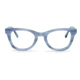 Lentes de lectura con armazón de acetato en tono azul con efecto veteado y diseño de forma redondeada.