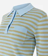 Blusa de tricot estilo retro con diseño a rayas en jacquard, manga larga, cuello polo con botones y bolsillo aplicado en el pecho.