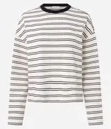 Blusa de corte oversize confeccionada en una mezcla de algodón y poliéster, con diseño de rayas horizontales. Presenta cuello redondo en color contrastante y mangas largas con caída relajada.