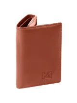 Billetera plegable de cuero color marrón con logo de la marca grabado en la parte inferior frontal. Cuenta con compartimentos para tarjetas, espacio para efectivo y protección RFID.