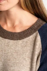 Sweater de tejido de punto con diseño color block. Cuerpo principal en beige jaspeado, mangas y puños en azul marino, y detalles en marrón en el cuello y puños.