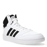 Championes de corte medio Adidas Hoops 3.0, de estilo urbano inspirado en el básquet. Presentan un diseño en color blanco con las icónicas tres tiras laterales en negro y cuello acolchado en contraste. Cuentan con cierre de cordones y suela de goma resistente.