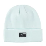 Gorro tipo beanie de punto en color gris oscuro jaspeado, con vuelta y parche rectangular frontal con el logo de la marca Puma.