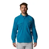 Camisa de pesca de manga larga Columbia, color azul, con cuello clásico, cierre frontal con botones a presión, múltiples bolsillos funcionales en el pecho y ventilación trasera. Incluye tecnología de protección solar y absorción de humedad.