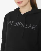 Buzo con capucha y bolsillo canguro, color negro, con logo de Caterpillar estampado en el pecho y etiqueta de la marca en la manga.