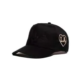 Gorra negra con visera curva, bordado frontal en relieve con las letras "LA" y las frases "Mi Casa" y "Su Casa".