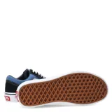 Championes Vans modelo Old Skool, con diseño clásico de caña baja. Presentan una combinación de paneles de lona azul y refuerzos de gamuza en color azul marino, con la icónica banda lateral blanca y suela de goma vulcanizada con patrón waffle.